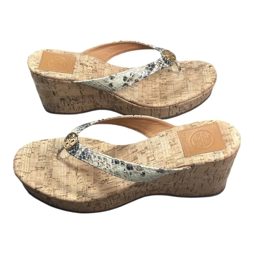 Tory Burch Suzy Cork‎ Snake Print Thong Wedge Heel Sandals Women's 9.5
